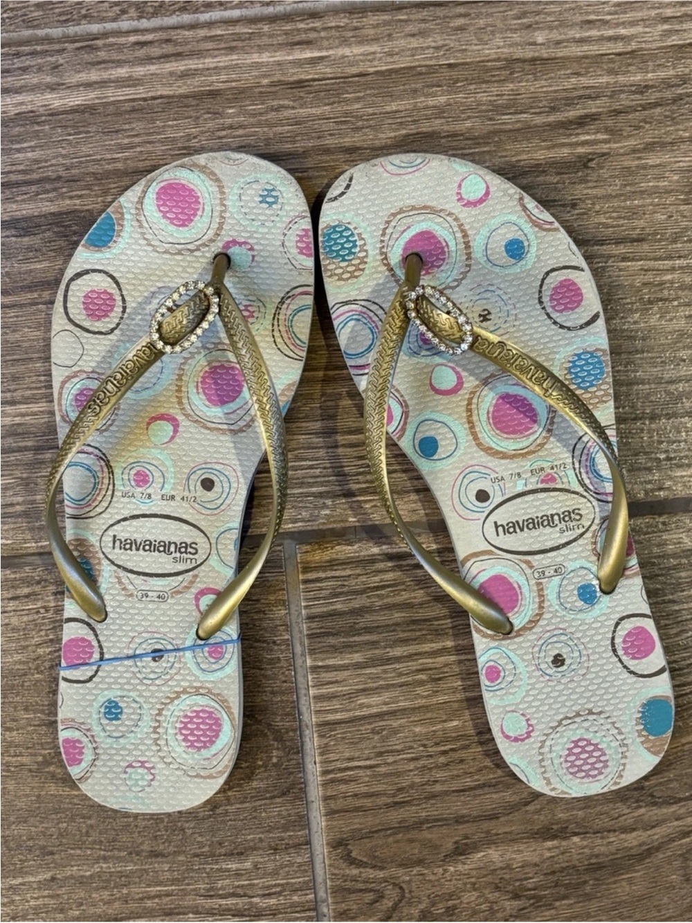 Havaianas Slim Crystal Flip Flops Gold Pink Women’s 7/8
